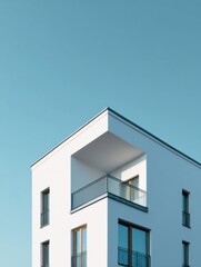 Obraz premium Modern House Facade Shows Clean Lines and Large Windows Under Soft Spring Sunlight With Clear Sky Present
