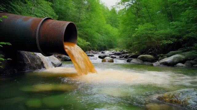 Rusty pipe discharging polluted brown liquid into a clear forest river, concept for environmental awareness campaign, industrial waste regulation and conservation advocacy