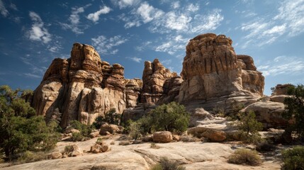 Fototapeta premium Majestic rock formations stand tall under a blue sky with clouds in a desert landscape during daytime
