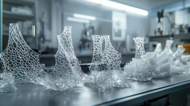 Aerogel sample specimens arranged laboratory bench multiple transparent ultra-light materials dramatic lighting cellular structure research workspace