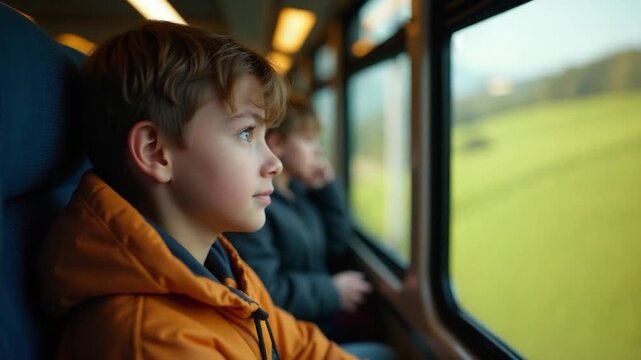 Video A young boy gazes out the train window, lost in thought