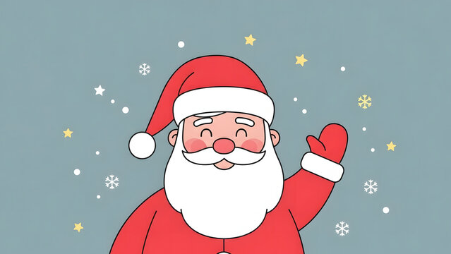 Cheerful Vector Santa Claus Waving Amidst Twinkling Snowflakes and Stars