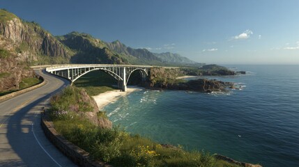 Scenic bridge crosses water with mountains in the background during daylight by the sea