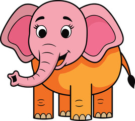 Cute cartoon elephant illustration, smiling baby elephant character, colorful flat design, kids animal artwork, playful wildlife mascot on white background