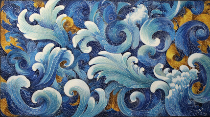 Highly Textured Swirling Ocean Wave Art Blue White Gold Pattern