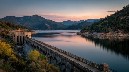 Water flows over a dam at sunset near a mountain lake reflecting colors of the sky in the evening light with trees along the shore