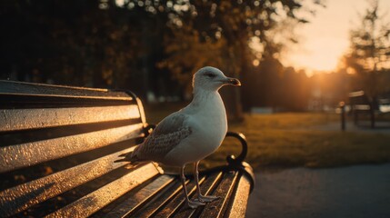 Seagull rests on a park bench at sunset while the sun sets over a quiet park in the evening