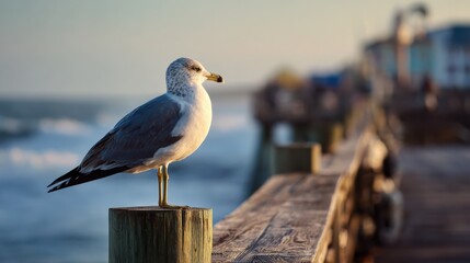 Seagull stands on a wooden post at a pier near the ocean during sunset while waves crash in the background at a coastal location