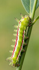 Naklejka premium A vertical close-up of a brightly colored caterpillar with prominent stinging spines (like an Io moth larva) crawling upwards along a green plant stem