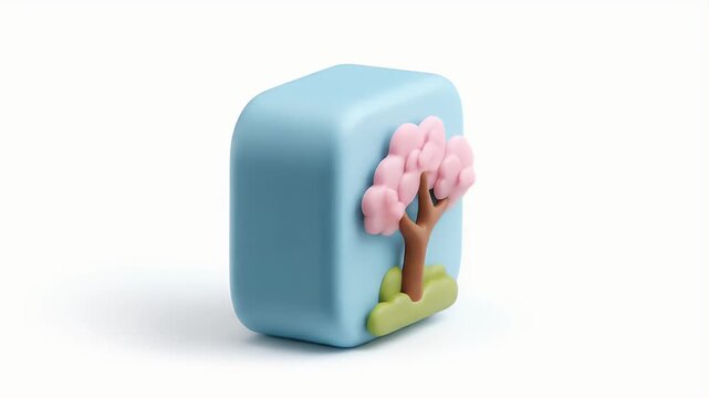 Cute blue cube with a pink tree, a beautiful design.