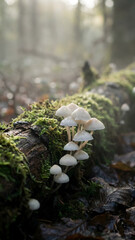 Obraz premium A documentary-style vertical close-up of small, delicate white mushrooms growing out of a mossy, decaying log