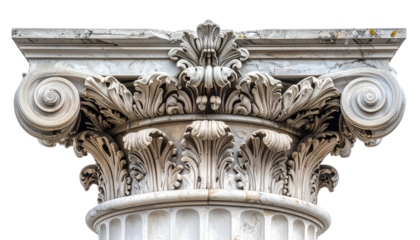 Architectural column capital isolated on transparent background, classical stone texture, symmetrical front view