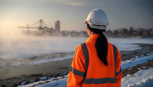Woman in hard hat and high-visibility jacket overlooking industrial landscape at sunrise. - Powered by Adobe