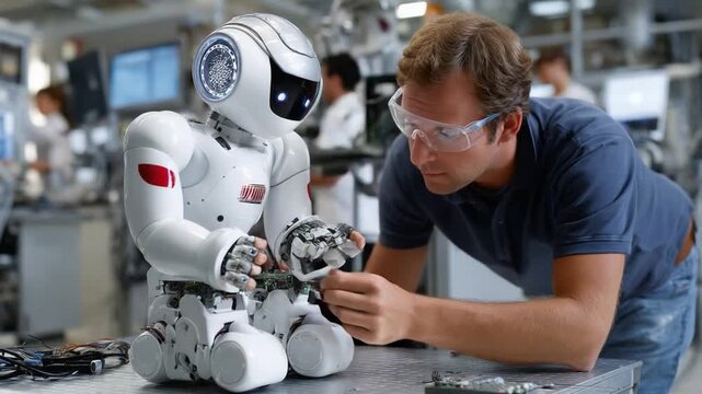 Collaborative Engineering: A man and a robot working together with in an engineering lab. The man is focused, adjusting intricate gears with a robotic companion.