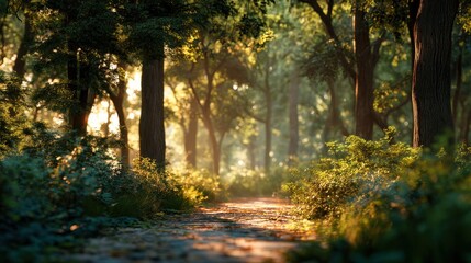 Obraz premium Path through a sunlit forest. Walkway shaded by trees with warm light. Natural background for relaxation, travel, or spring/summer design.