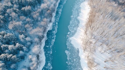 Aerial view of a frozen river with ice floes surrounded by snow covered forest. Winter landscape for nature and seasonal travel concept.