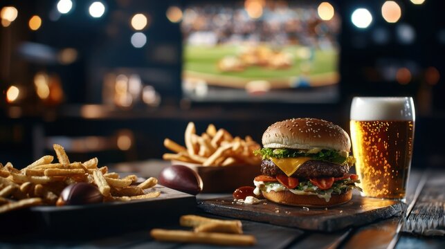 Delicious burger and fries served in a lively sports bar atmosphere with a game playing on the background screen - Powered by Adobe