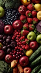 色とりどりの新鮮な果物と野菜の盛り合わせ。健康や食生活のイメージ素材。