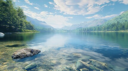 Serene lake surrounded by mountains under a clear blue sky with scattered clouds in the distance