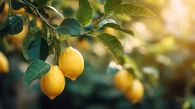 Fresh yellow lemon hanging on a tree branch in a citrus orchard. Organic fruit harvest for healthy food and natural juice concept.