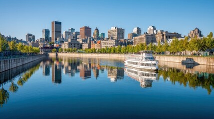 Obraz premium City skyline with modern buildings reflected in river with a tour boat. Urban landscape and cityscape for travel and tourism. Architectural view.
