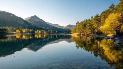 Obraz premium Calm mountain lake reflecting autumn forest with golden trees and clear sky. Picturesque fall landscape for travel or nature photography.