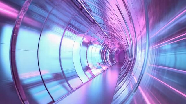 Futuristic metallic tunnel illuminated with vibrant neon lights