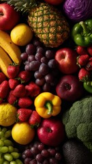 色とりどりの新鮮な果物と野菜の盛り合わせ。健康や食生活のイメージ素材