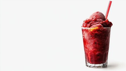 Red frozen drink with a straw in a clear glass. Refreshing cold beverage for summer. Sweet fruit smoothie or granita served isolated on white.
