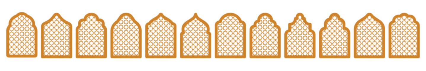 Oriental Arab Arch Islam Door Shapes Set In classic golden beige color Windows Frames tags Elements Minimal Boho Style for Labels, Logo, Banner Templates Domes of mosque Ramadan Kareem, Eid Mubarak.