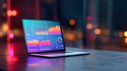 Laptop screen displaying financial graph and data analysis. Business intelligence dashboard for stock market monitoring and investment.