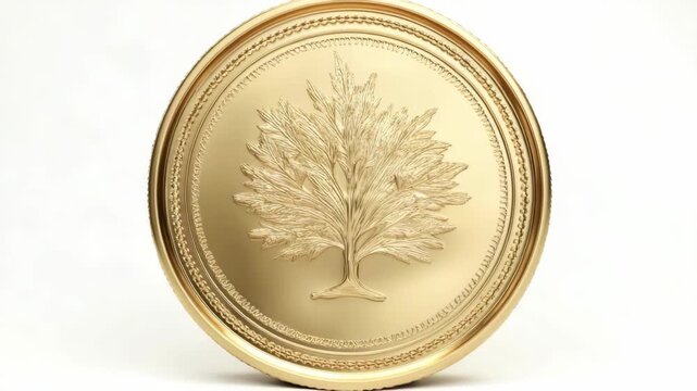 Shiny gold coin with embossed tree motif and ornate border, realistic style on white background. Concept of wealth, currency, and nature