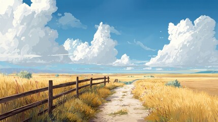 Dirt path leads through a golden field with an old wooden fence under a big blue sky with cumulus cloud. Rural landscape for background.