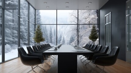 Modern office boardroom with a large window overlooking a snowy forest. Empty meeting room for business conference and corporate presentation. Interior design concept.