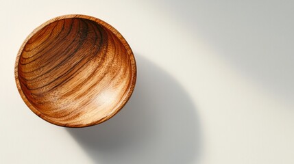 Fototapeta premium Empty round wooden bowl on a white table cast with soft shadows, concept of natural kitchenware and minimalist design.