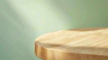 Empty round wood table on light green wall background. Wooden rustic podium. Oak nature stand product display. Modern minimal cosmetic design