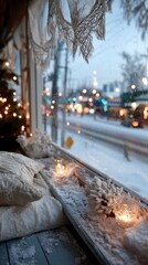A cozy winter scene captures the essence of a snow-covered window sill amidst a blizzard, with holiday lights softly blurred in the background. 