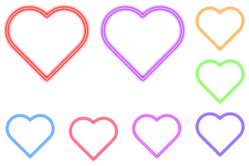 Colorful Neon Heart Outline Vector Set with Glowing Love Symbols in Multiple Bright Colors on Clean White Background for Valentine and Romantic Design