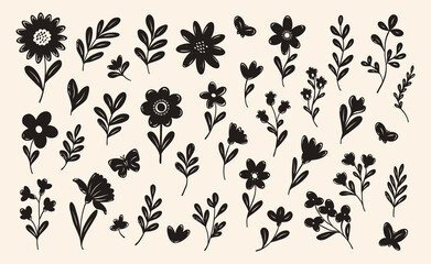 Obraz premium Minimalist set of abstract vector flowers. Hand-drawn black paint, doodle pencil, brush, chalk style. Monochrome botanical ink drawing with floral elements including sketch silhouettes of daisy, aster