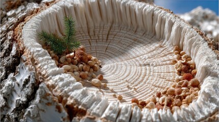 A beautifully detailed cross-section of a birch log reveals the intricate patterns of its growth rings and clean grain structure, showcasing the natural beauty of this type of wood. 