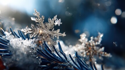 A serene winter landscape unfolds with delicate snowflakes swirling against a deep blue twilight sky, forming intricate patterns over a frozen lake's tranquil surface. 