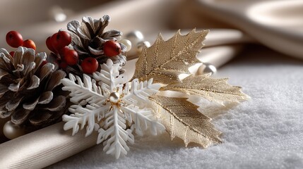 Soft pastel hues evoke a serene winter scene as delicate snowflakes and mistletoe leaves dance across a smooth beige surface, creating a charming kitchen backdrop for holiday cooking and baking. 