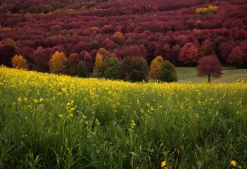 Natural Landscape with Deep Red Ground and Vertically Extending Tree Trunks
