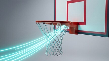 Basketball hoop with glowing light effect passing through the net. Concept of success, goal achievement, and scoring a point in digital sports.