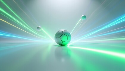 Soccer ball with glowing green lines. Dynamic virtual game for sports event, competition, tournament banner. Future of digital sport concept.