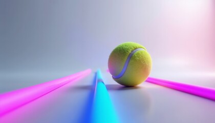 Tennis ball on illuminated court with vibrant lines for sport advertising and energetic competition concept.