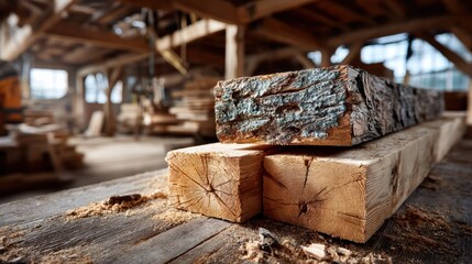 A carpenter's workshop is filled with rough pine boards stacked on wooden planks, surrounded by various woodworking tools. The lumber stack stands as a testament to the craft of woodworking.