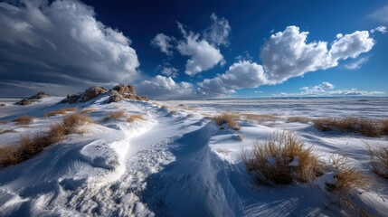 A vast open snowy field stretches out under the stormy blue skies, with wind-swept drifts creating a serene winter landscape. 