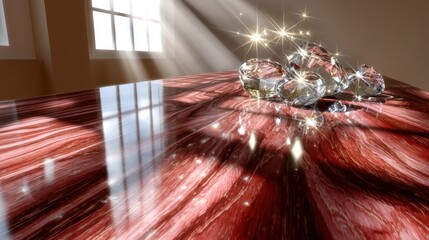 Soft studio light highlights the rich grain of polished mahogany wood, showcasing its texture in a top view that reveals intricate details. 