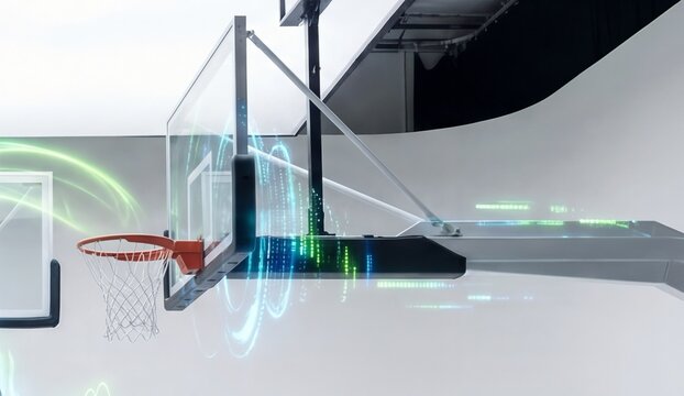 Basketball hoop with glowing virtual data. Digital sports performance analysis and tracking concept for modern athletics and training. - Powered by Adobe